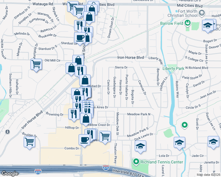 map of restaurants, bars, coffee shops, grocery stores, and more near 5644 Cancun Drive in North Richland Hills