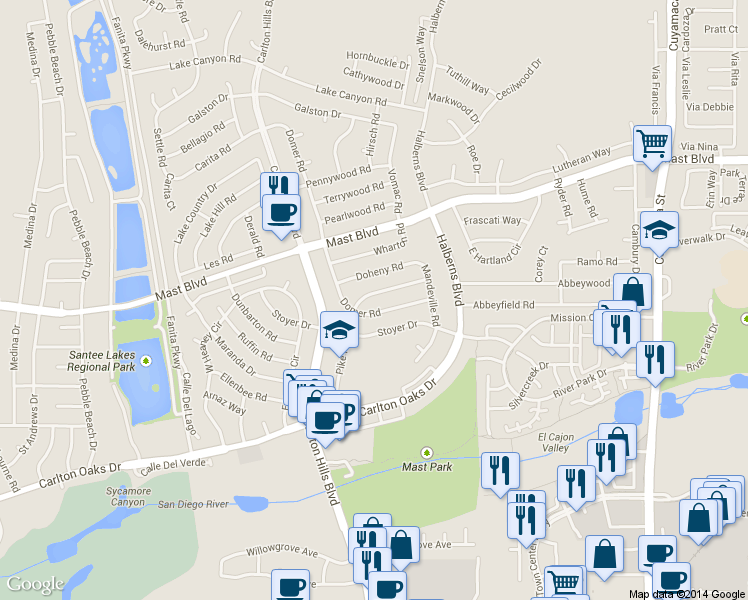 map of restaurants, bars, coffee shops, grocery stores, and more near 9429 Pike Road in Santee