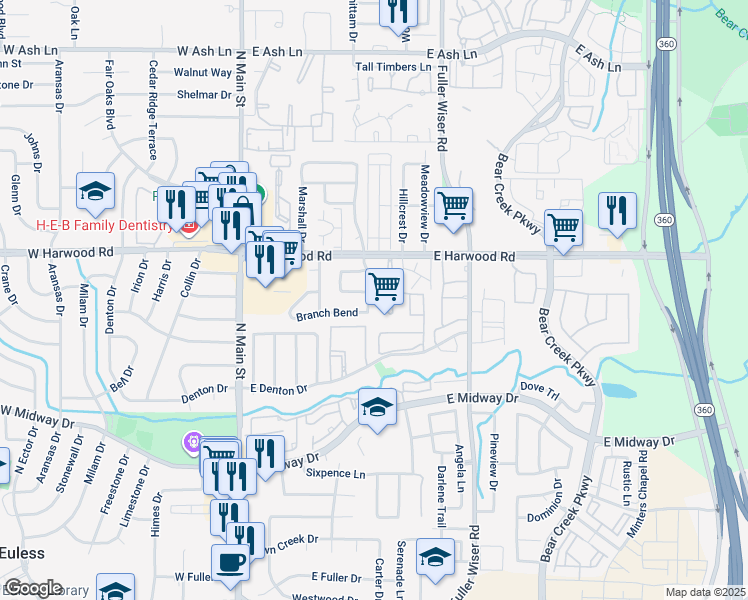 map of restaurants, bars, coffee shops, grocery stores, and more near 906 Winston Drive in Euless