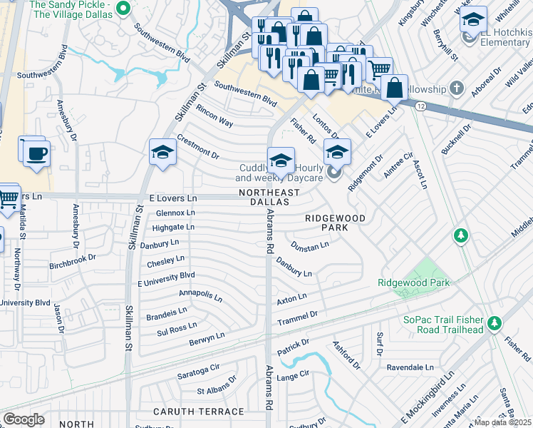 map of restaurants, bars, coffee shops, grocery stores, and more near 4349 Abrams Road in Dallas
