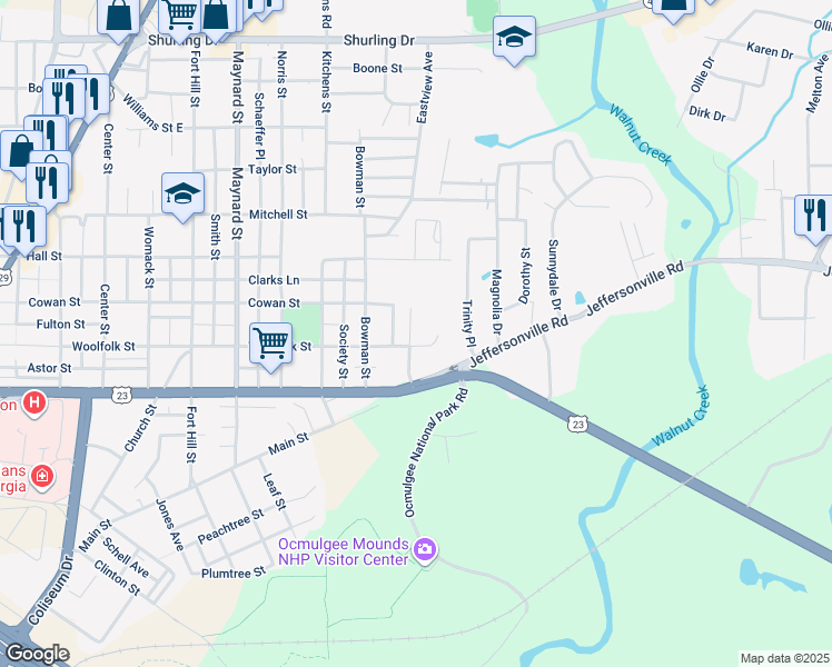 map of restaurants, bars, coffee shops, grocery stores, and more near 715a Reese Street in Macon