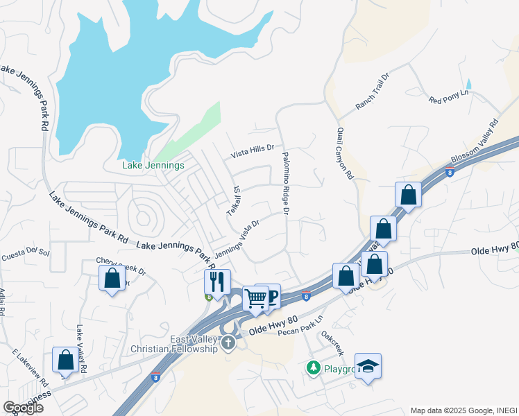 map of restaurants, bars, coffee shops, grocery stores, and more near 14223 Jennings Vista Ct in Lakeside