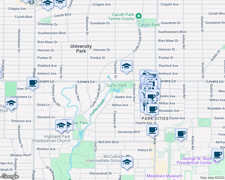map of restaurants, bars, coffee shops, grocery stores, and more near 3544 Rankin Avenue in Dallas