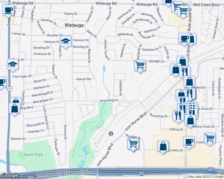 map of restaurants, bars, coffee shops, grocery stores, and more near 5621 Southern Hills Drive in North Richland Hills
