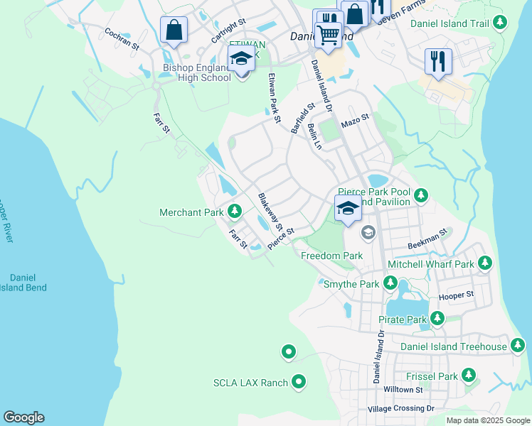 map of restaurants, bars, coffee shops, grocery stores, and more near 1144 Blakeway Street in Charleston