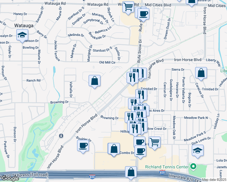 map of restaurants, bars, coffee shops, grocery stores, and more near 6576 Northern Dancer Drive in North Richland Hills