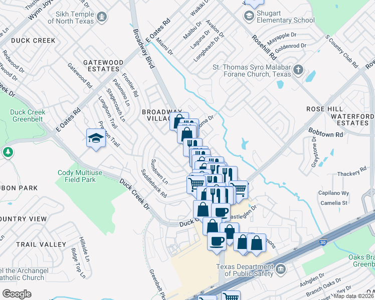 map of restaurants, bars, coffee shops, grocery stores, and more near 5335 Broadway Boulevard in Garland