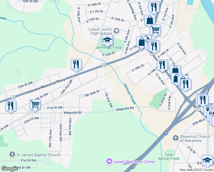 map of restaurants, bars, coffee shops, grocery stores, and more near 634 Southwest 20th Street in Lanett