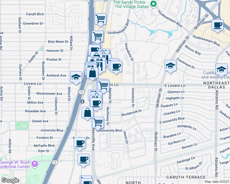map of restaurants, bars, coffee shops, grocery stores, and more near 5850 East Lovers Lane in Dallas