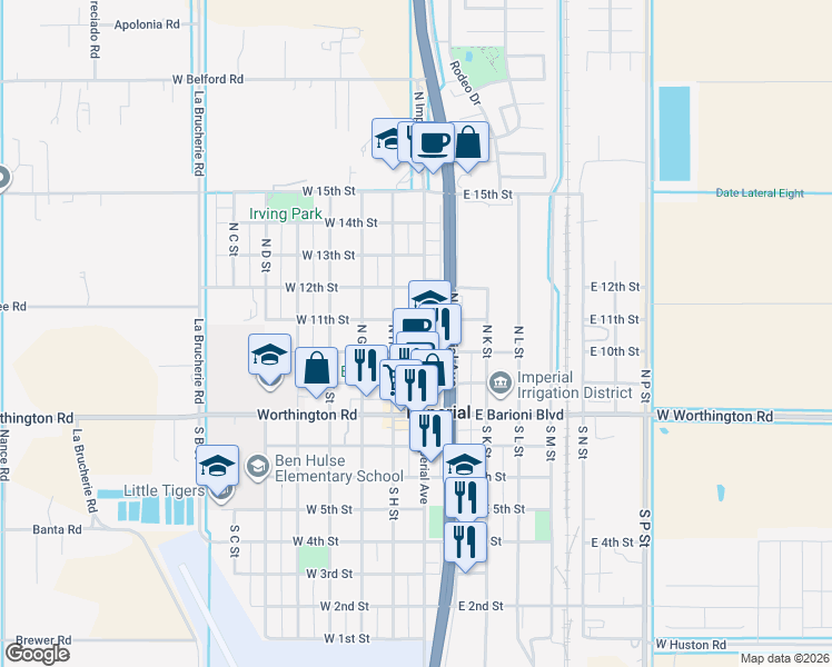 map of restaurants, bars, coffee shops, grocery stores, and more near 113 W 10th St in Imperial