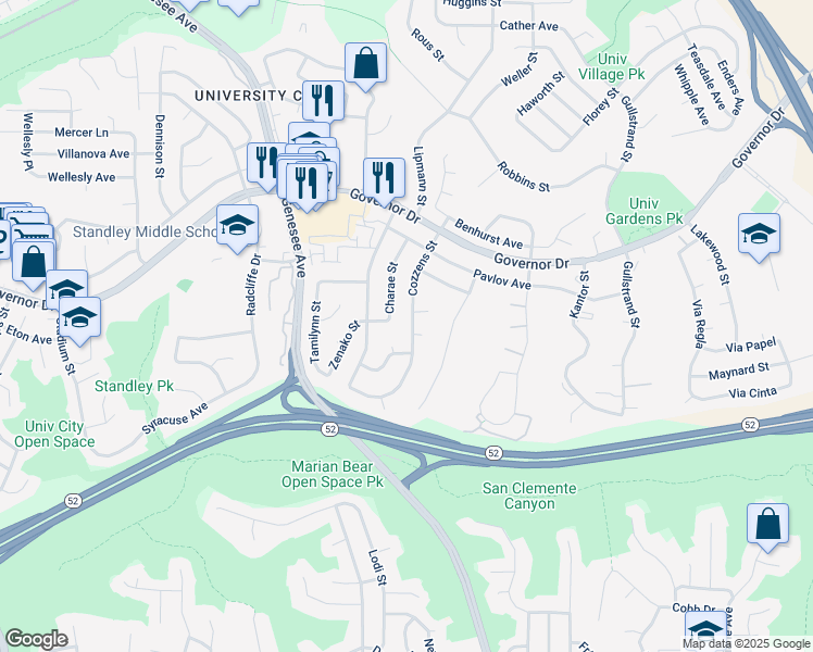 map of restaurants, bars, coffee shops, grocery stores, and more near 6010 Cozzens Street in San Diego