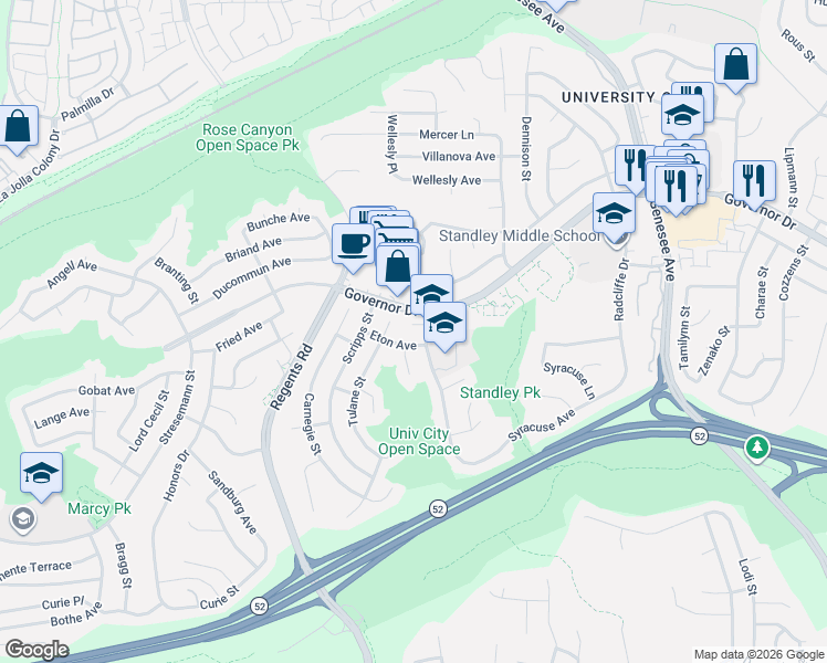 map of restaurants, bars, coffee shops, grocery stores, and more near 3334 Eton Avenue in San Diego