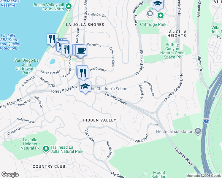 map of restaurants, bars, coffee shops, grocery stores, and more near 2400 Azure Coast Drive in San Diego