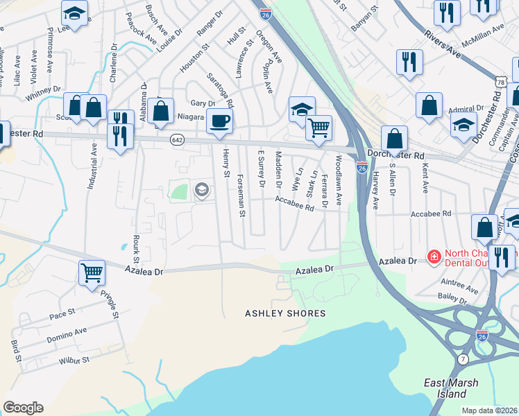 map of restaurants, bars, coffee shops, grocery stores, and more near 2747 East Surrey Drive in North Charleston