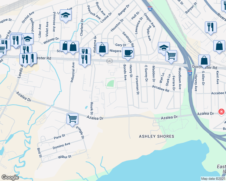 map of restaurants, bars, coffee shops, grocery stores, and more near 3933 Hilda Street in North Charleston