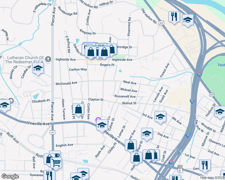 map of restaurants, bars, coffee shops, grocery stores, and more near 362 Grier Street in Macon