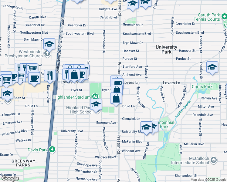 map of restaurants, bars, coffee shops, grocery stores, and more near 4119 Hyer Street in Dallas