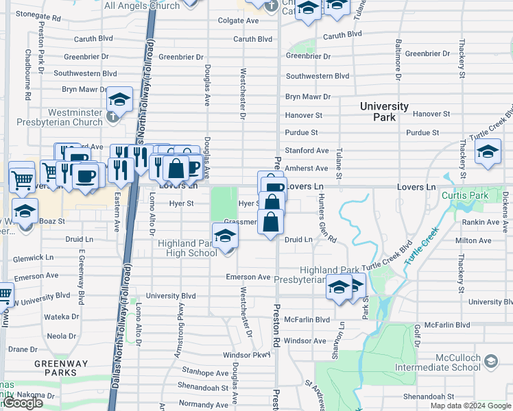 map of restaurants, bars, coffee shops, grocery stores, and more near 4119 Hyer Street in Dallas