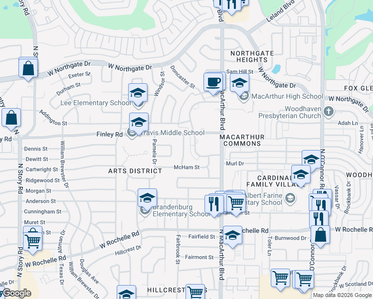 map of restaurants, bars, coffee shops, grocery stores, and more near 3305 Coker Street in Irving