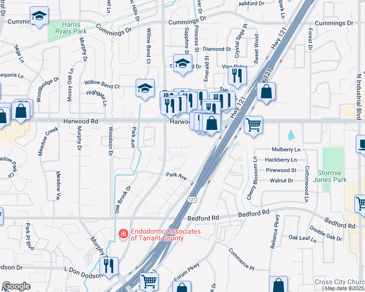 map of restaurants, bars, coffee shops, grocery stores, and more near 3100 Blessing Court in Bedford