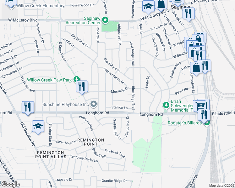 map of restaurants, bars, coffee shops, grocery stores, and more near 537 Mustang Drive in Saginaw