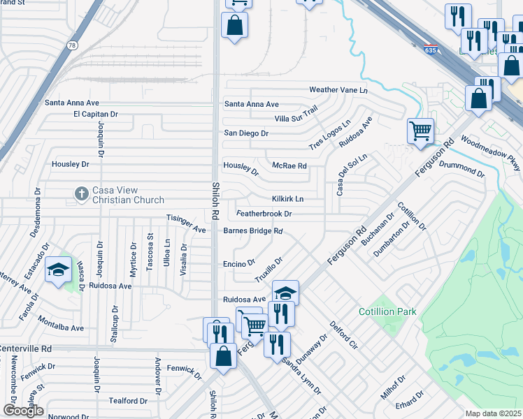 map of restaurants, bars, coffee shops, grocery stores, and more near 11715 Featherbrook Drive in Dallas