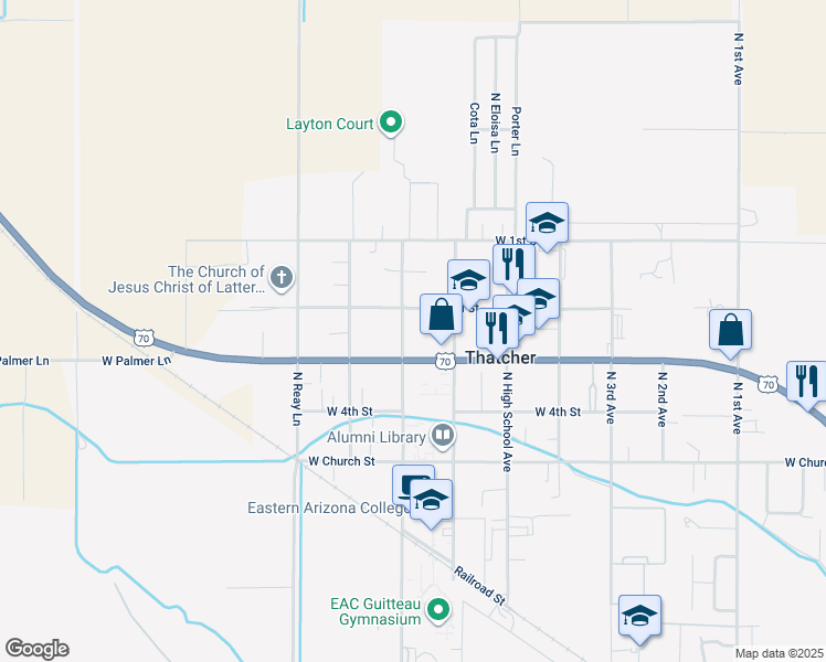 map of restaurants, bars, coffee shops, grocery stores, and more near 1157 North Stadium Avenue in Thatcher