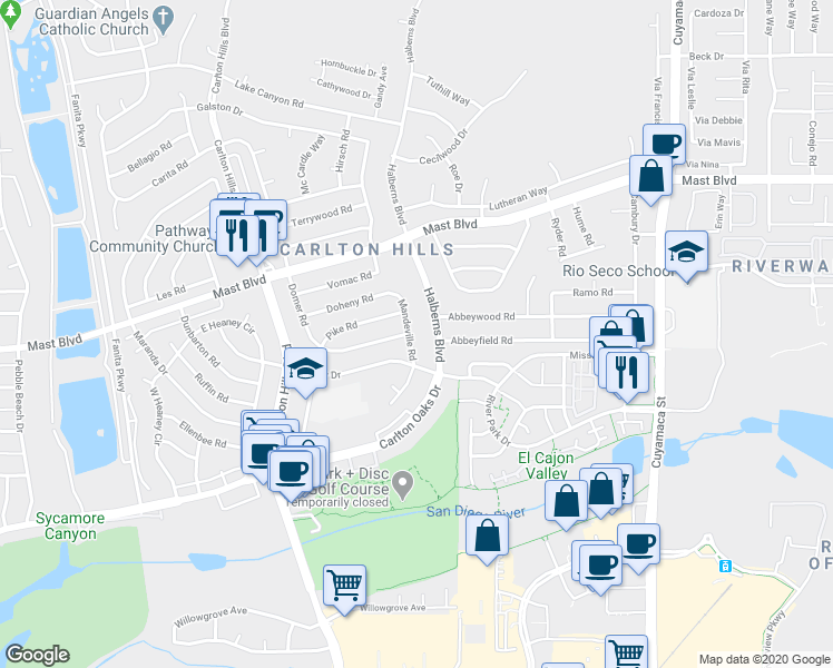 map of restaurants, bars, coffee shops, grocery stores, and more near 9541 Mandeville Road in Santee