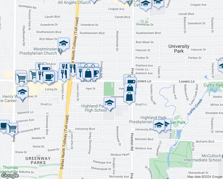 map of restaurants, bars, coffee shops, grocery stores, and more near 6915 Westchester Drive in Dallas