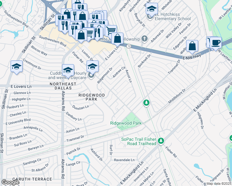 map of restaurants, bars, coffee shops, grocery stores, and more near 6603 Pimlico Drive in Dallas