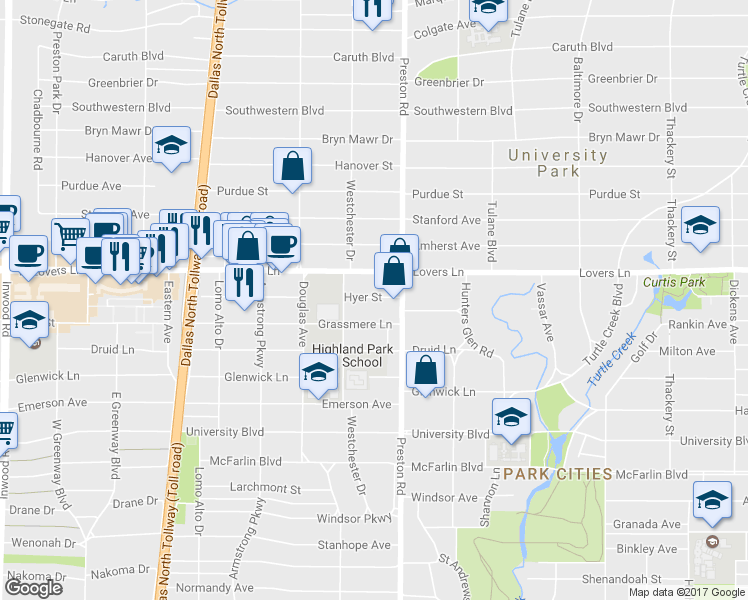 map of restaurants, bars, coffee shops, grocery stores, and more near 4119 Hyer Street in Dallas