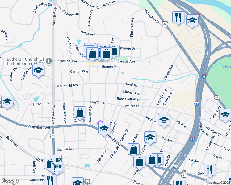 map of restaurants, bars, coffee shops, grocery stores, and more near 362 Grier Street in Macon