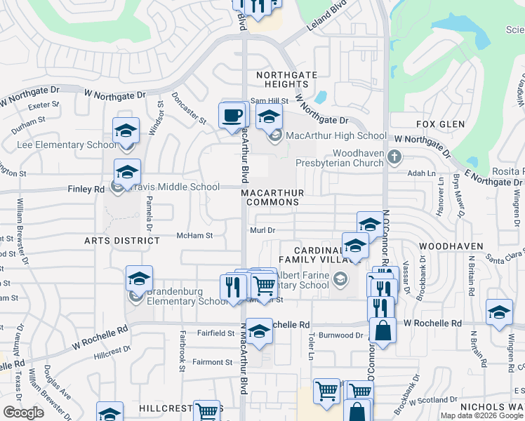map of restaurants, bars, coffee shops, grocery stores, and more near 1025 McCoy Drive in Irving