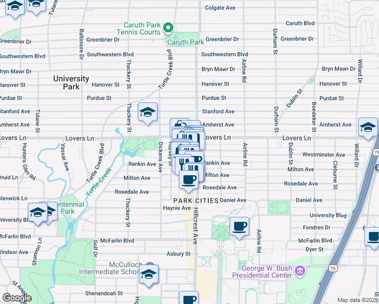 map of restaurants, bars, coffee shops, grocery stores, and more near 3415 Westminster Avenue in Dallas
