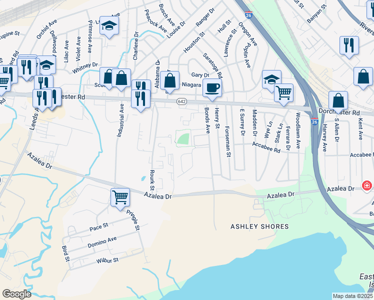 map of restaurants, bars, coffee shops, grocery stores, and more near 3933 Hilda Street in North Charleston
