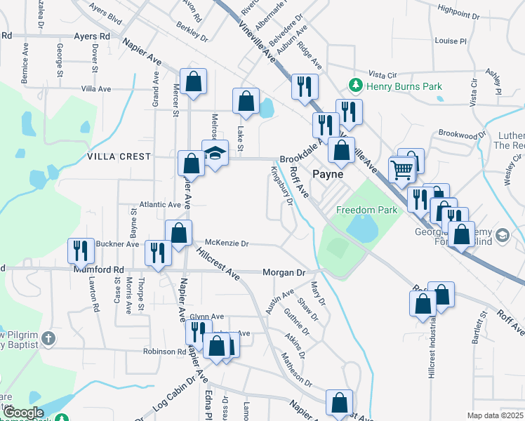 map of restaurants, bars, coffee shops, grocery stores, and more near 3530 Plymouth Drive in Macon
