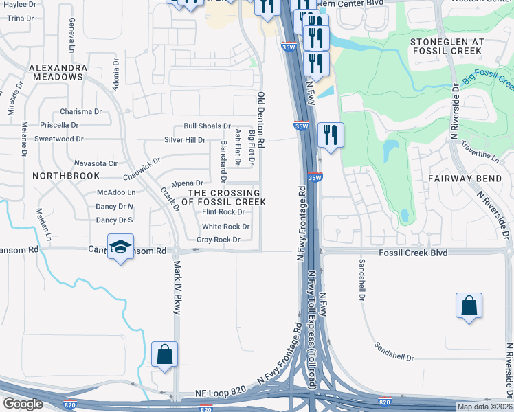 map of restaurants, bars, coffee shops, grocery stores, and more near 5744 Table Rock Drive in Fort Worth