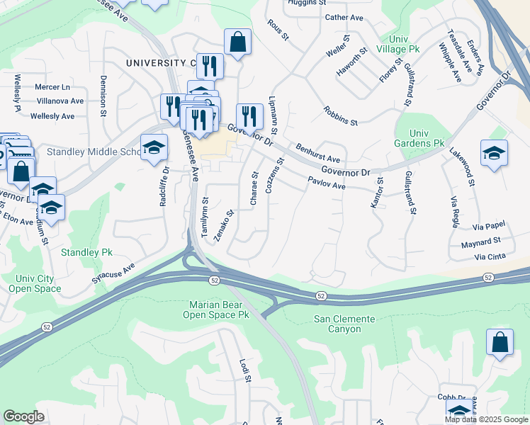 map of restaurants, bars, coffee shops, grocery stores, and more near 6010 Cozzens Street in San Diego