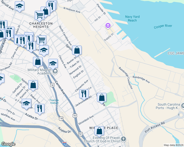 map of restaurants, bars, coffee shops, grocery stores, and more near 1824a Clements Avenue in North Charleston