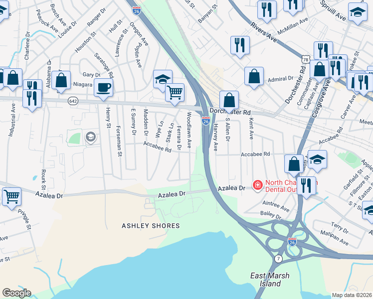 map of restaurants, bars, coffee shops, grocery stores, and more near 2636 Woodlawn Avenue in North Charleston
