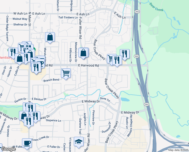 map of restaurants, bars, coffee shops, grocery stores, and more near 1002 Fuller Wiser Road in Euless