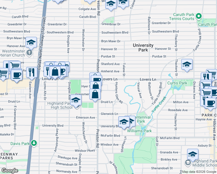 map of restaurants, bars, coffee shops, grocery stores, and more near 4024 Grassmere Lane in Dallas