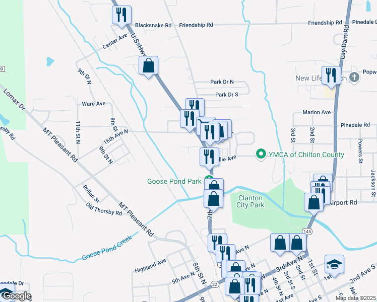 map of restaurants, bars, coffee shops, grocery stores, and more near 1409 Douglas Ln in Clanton
