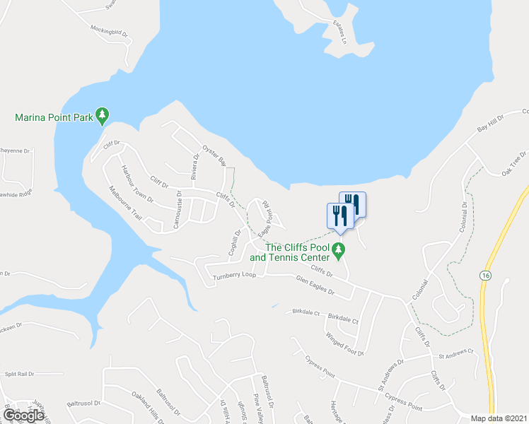 map of restaurants, bars, coffee shops, grocery stores, and more near 102208 Eagle Point Road in Graford