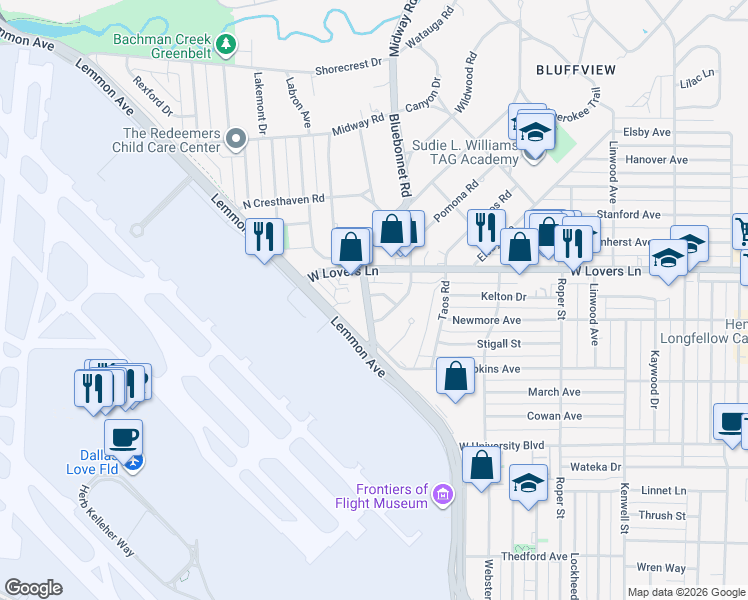 map of restaurants, bars, coffee shops, grocery stores, and more near 4230 Aero Drive in Dallas