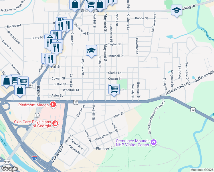 map of restaurants, bars, coffee shops, grocery stores, and more near 715 Schaeffer Place in Macon