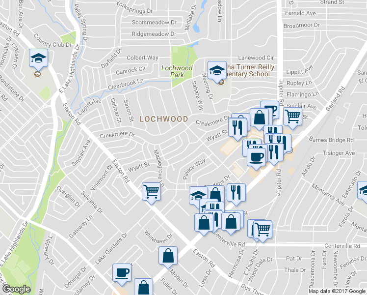 map of restaurants, bars, coffee shops, grocery stores, and more near 10854 Waterbridge Circle in Dallas