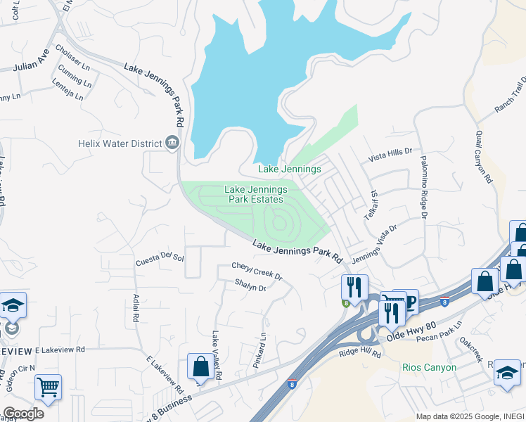 map of restaurants, bars, coffee shops, grocery stores, and more near 9500 Harritt Road in Lakeside