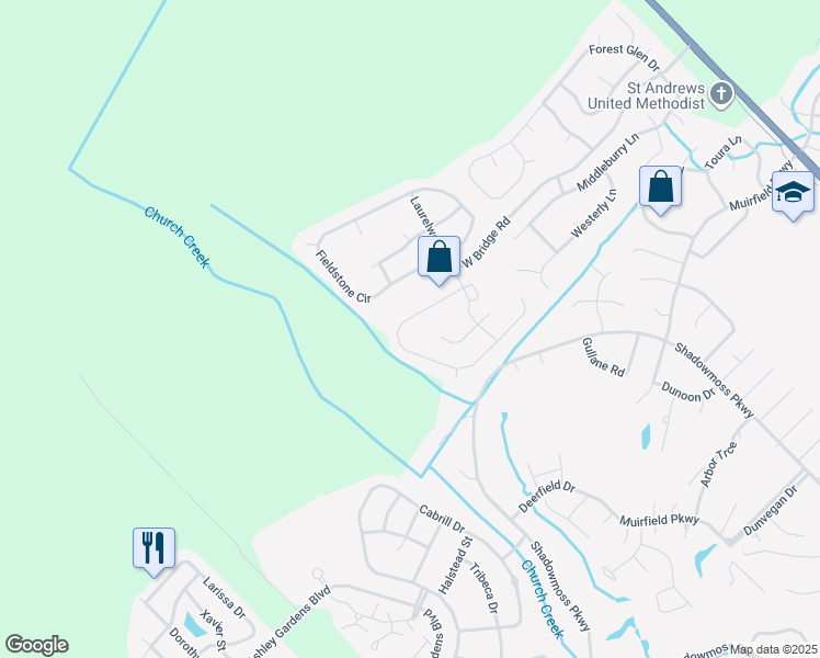 map of restaurants, bars, coffee shops, grocery stores, and more near 7140 Windmill Creek Road in Charleston