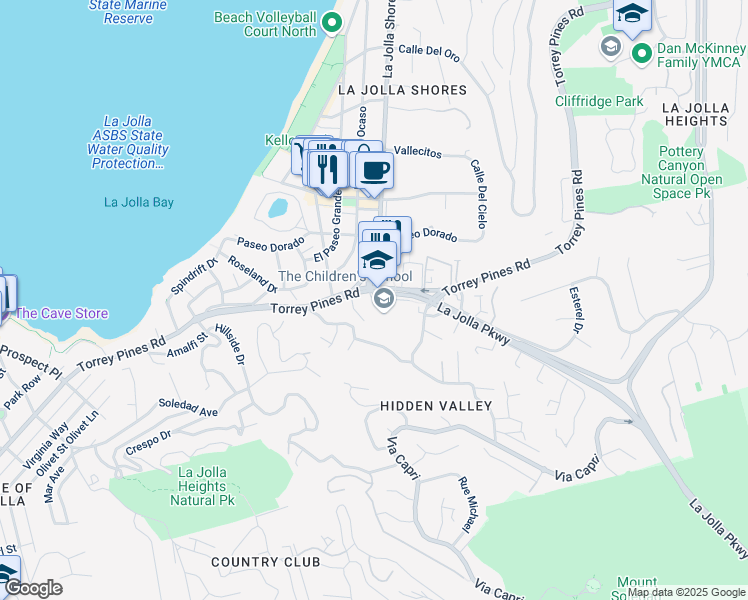 map of restaurants, bars, coffee shops, grocery stores, and more near 2225 Torrey Pines Lane in San Diego